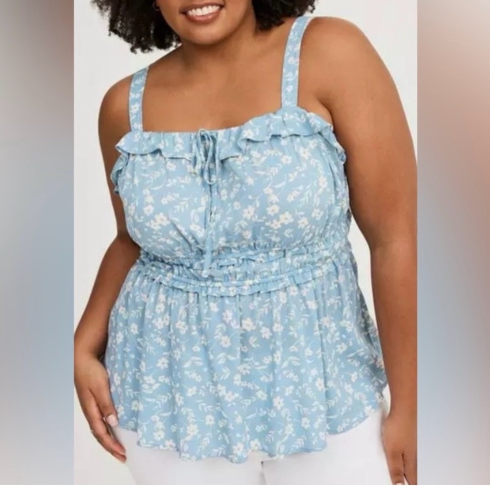 Torrid Blue and White Floral Patterned Sleeveless Blouse